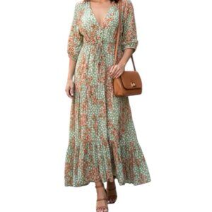 Able the Label Green Wild Bloom Prairie Cottage Peasant Ruffle Maxi Dress Small